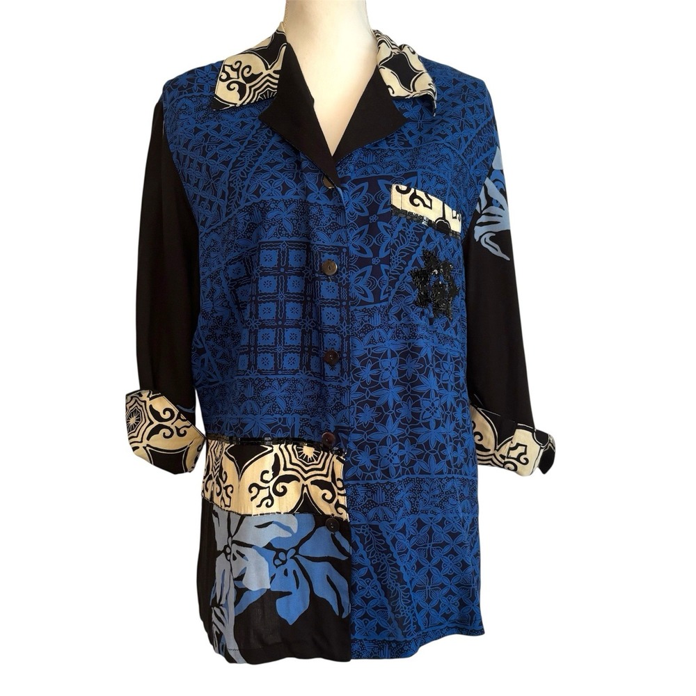Vintage Surya Top Womens Floral Blouse Large Beaded Sequin Artsy Boho Tunic Blue